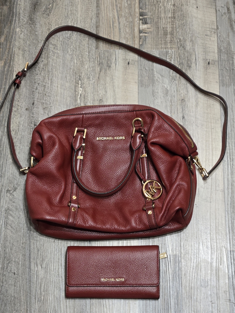 Michael Kors Burgundy Pebbled Leather Purse with Matching Wallet